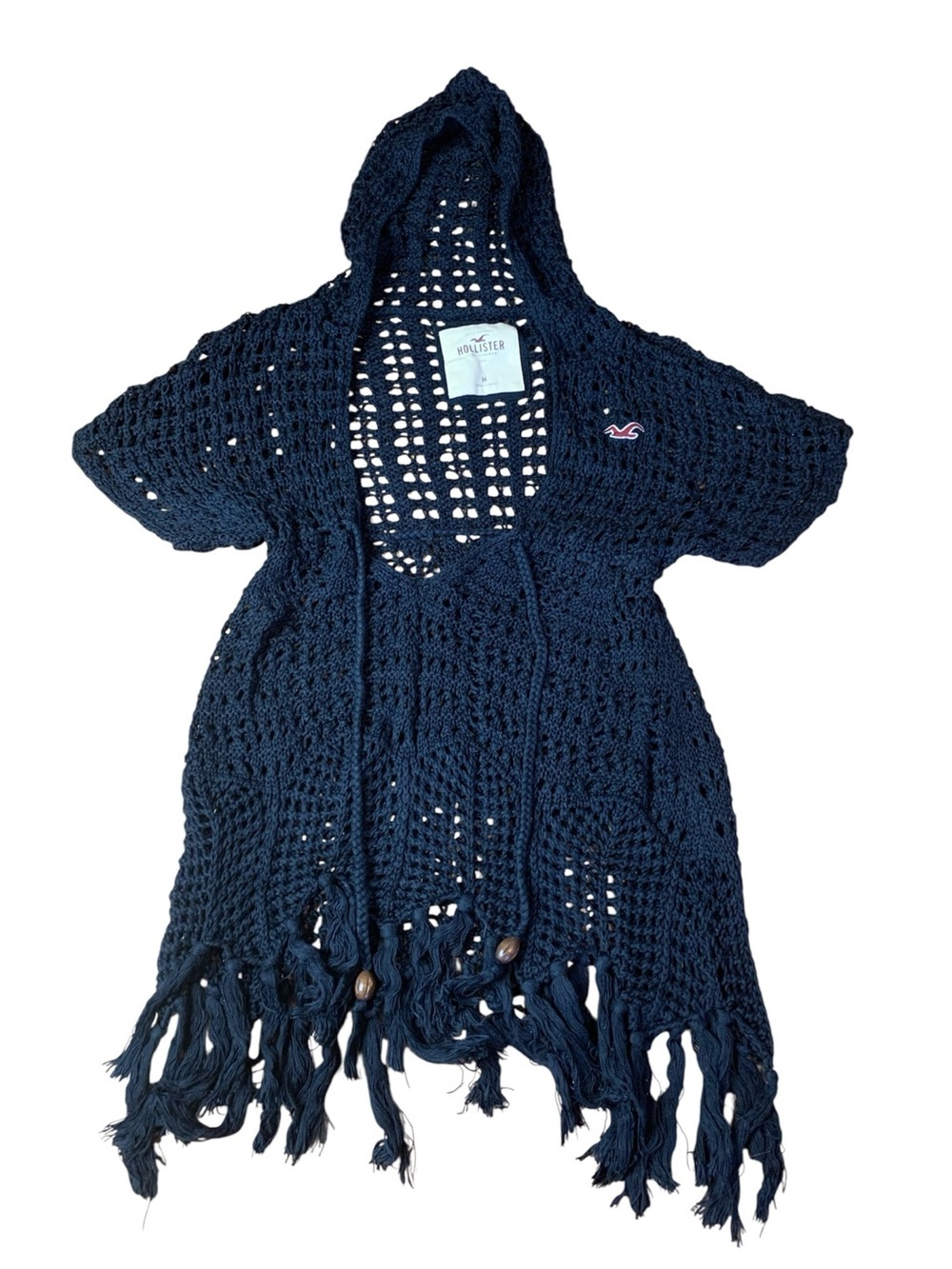 Hollister Crochet Fringe Hooded Cardigan Cover-Up Navy Blue Medium